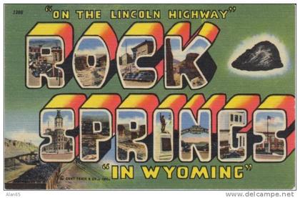 Rock Springs WY Curteich Large Letter Greetings on c1950s Vintage Linen Postcard, Lincoln Highway, Coal