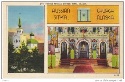 Sitka Alaska, Interior Russian Church, Icons, Religion, c1930s Vintage Linen Postcard