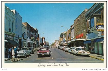 Union City TN Tennessee, Main Street Scene, Rexall Drug Store Sign, Auto, c1960s Vintage Postcard