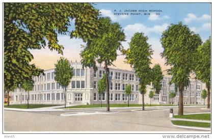 Stevens Point WI Wisconsin, P.J. Jacobs High School Building c1930s/40s Vintage Postcard