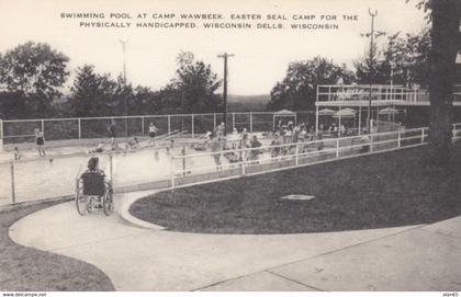 Wisconsin Dells WI, Swimming Pool at Camp Wawbeek Easter Seals Camp, Gilr in Wheel Chair, c1940s Vintage Postcard