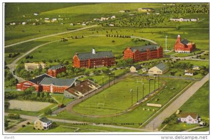 Wichita KS Kansas, University of Wichita Campus, Football Field, c1940s Vintage Linen Postcard