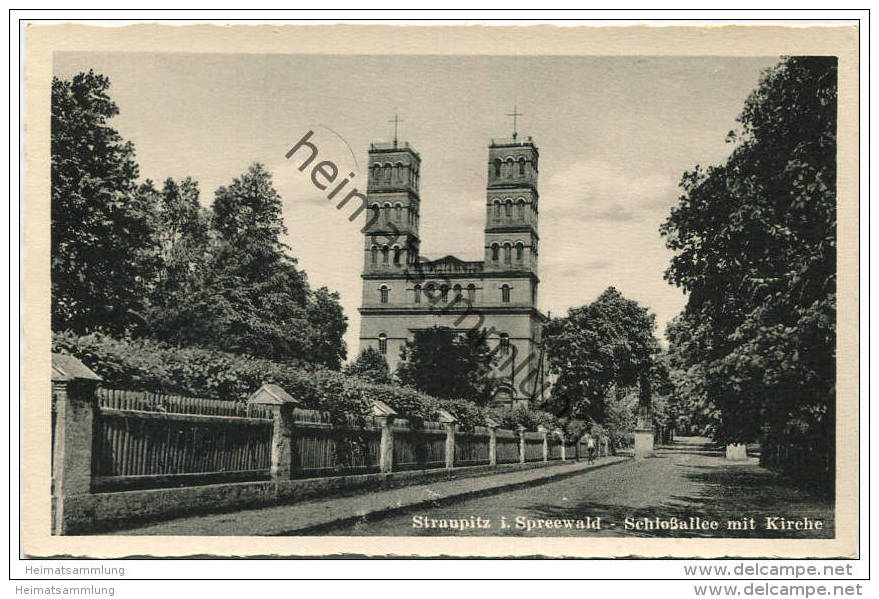 Straupitz im Spreewald - Schlossallee mit Kirche - Verlag Schöning &amp; Co. Lübeck 40er Jahre