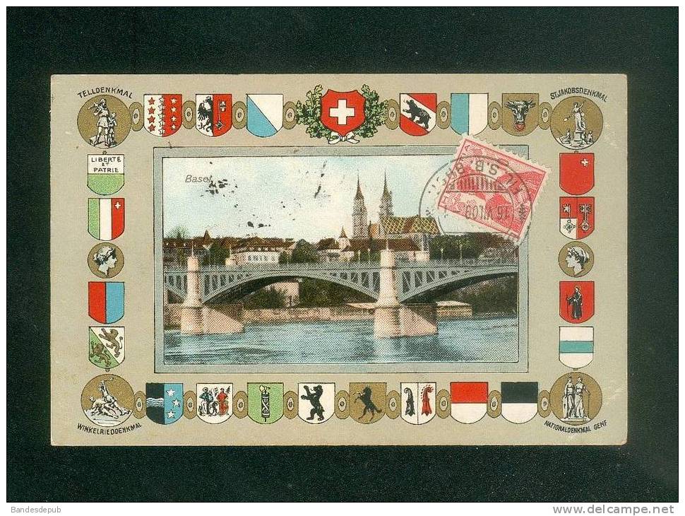 Suisse - Basel - Bäle - Vue et blason canton ( Carl Künzli Tobler voyagé en 1909)