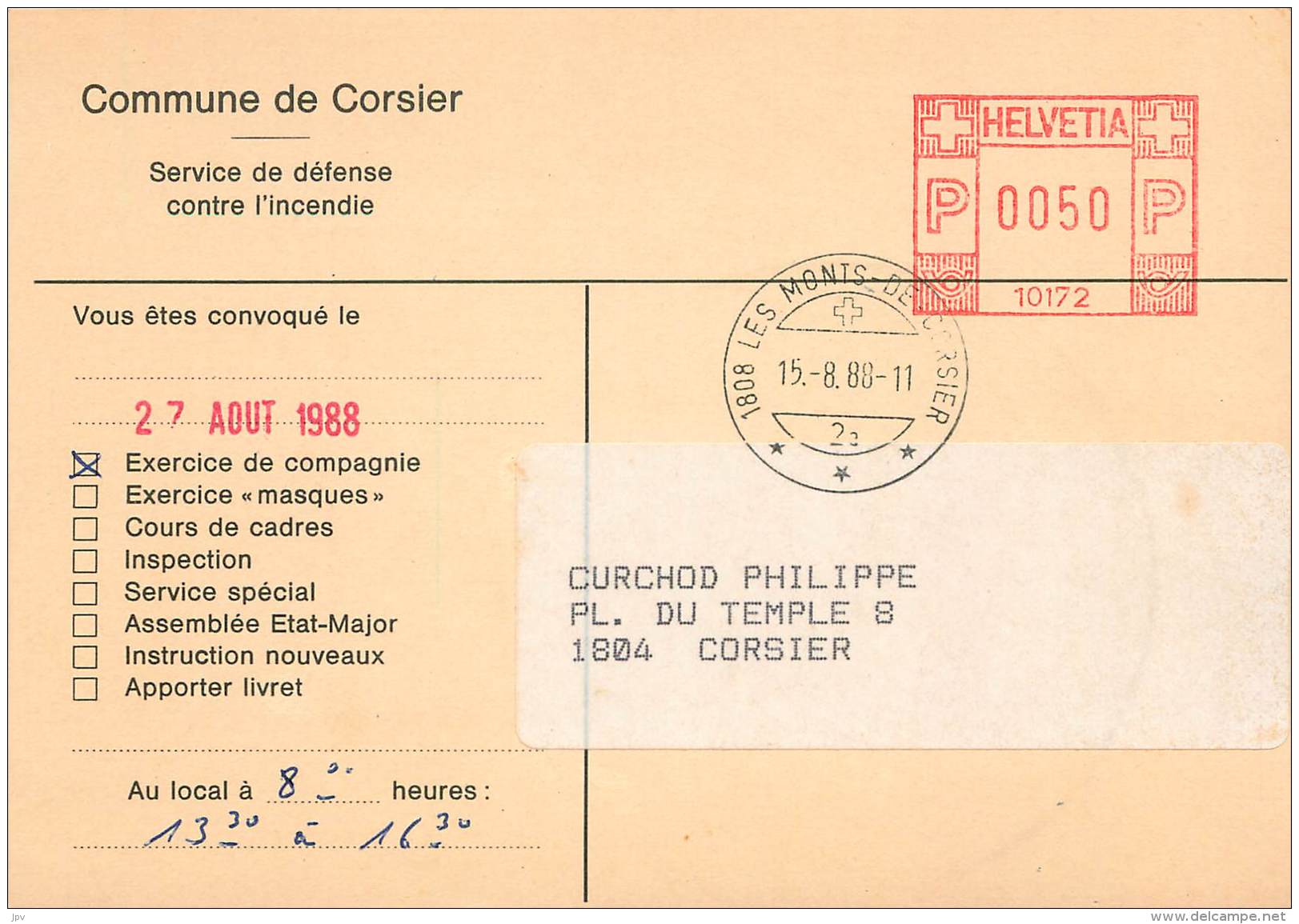 SUISSE . COMMUNE DE CORSIER . SERVICE DE DEFENSE CONTRE L'INCENDIE .