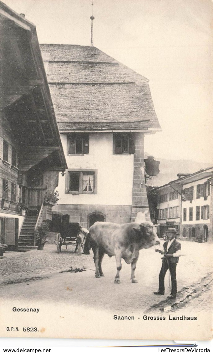 SUISSE - Saanen - Gessenay - Grosses Landhaus - Maison - calèche - rue - Taureau - animé - CPN - Carte postale ancienne