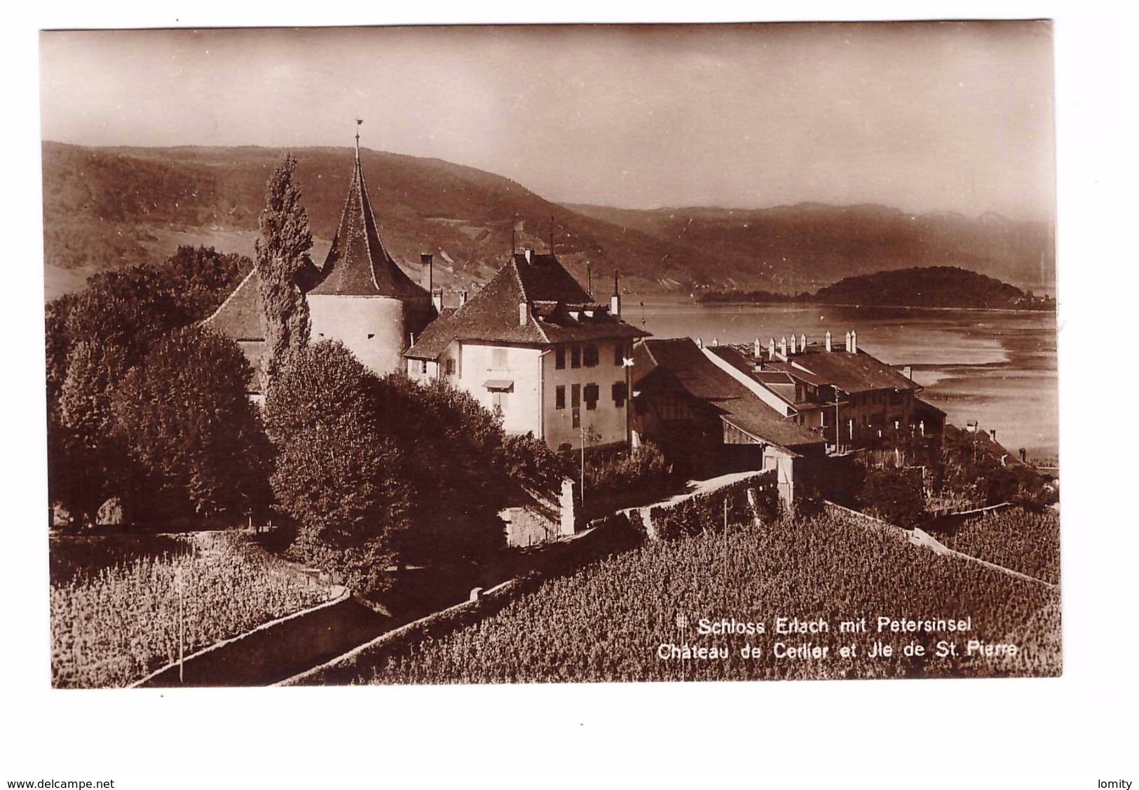 suisse schloss erlach mit petersinsel chateau de cerlier et ile de st pierre timbre + cachet erlach 1923