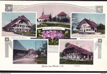 1918 gelaufene AK: Gruss aus Hasle i. E. 5 bildrig gefärbt. Kirche, Schulhaus, Wirtschaft zum Kreuz, Handlung