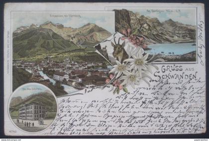 Glarus Süd (GL) Schwanden - Mehrbild-Lithographie "Gruss aus Schwanden" 1897