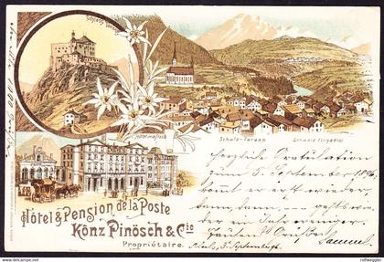 1896 gelaufene Litho AK aus Schuls Tarasp. Hotel und Pension de la Poste mit Post-Kutsche. Kônz Pinöch & Cie