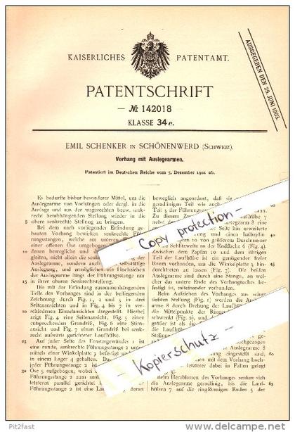 Original Patent - Emil Schenker in Schönenwerd b. Olten , 1901 , Vorhang mit Auslegearmen !!!