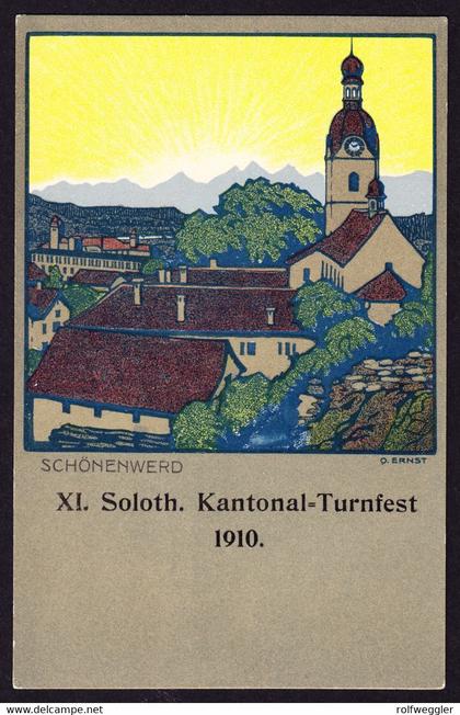 1910 ungelaufene AK, XI Soloth. Kantonal-Turnfest in Schönenwerd. Künstler: O. Ernst