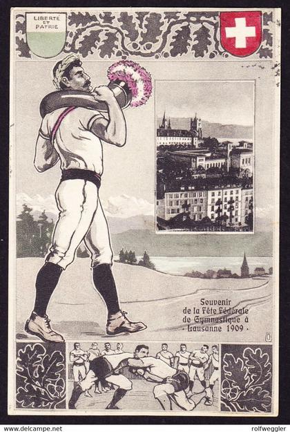 1909 Souvenir de la Fête Fédérale, Gymnastique, Lausanne. AK gestempelt Lausanne nach Vouvry. Mit Schwinger