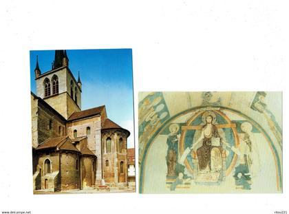 lot 3 cpm - Payerne Commune en Suisse - Abbatiale - chevet fresque Vierge - nef choeur