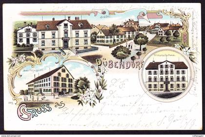 1900 gelaufene Litho AK: Gruss aus Dübendorf. 3 bildrig. Mit Gasthof z. Hecht. Rückseitig leicht fleckig.