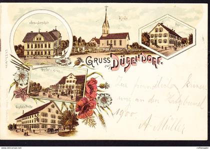 1900 gelaufene Litho AK: Gruss aus Dübendorf, 5 bildrig: Gasthof Hecht und Kreuz, Post, Sek.schule und Kirche