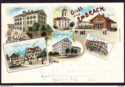 1900 gelaufene Litho AK, 6 bildrig mit Bahnhof. Bahnstempel EMBRACH in violett.