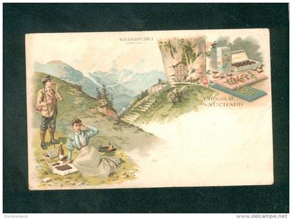 Suisse AI - Wildkirchli Appenzell ( chromo lithographie Publicité chocolat Suchard couple pique nique Alpes grottes ) )