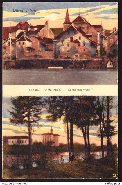 1919 Mit Feldpost gelaufene AK Büren a. Aare, Schloss und Schulhaus. Abendstimmung