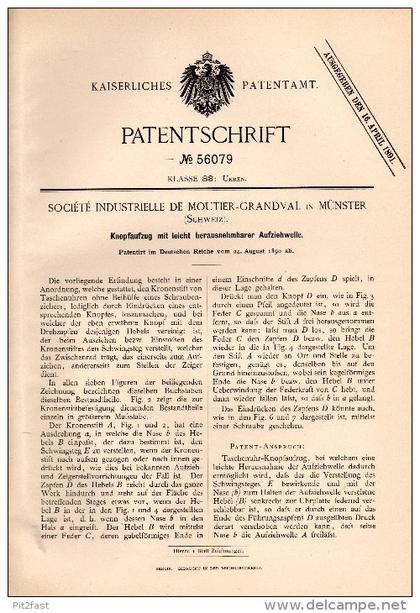 Original Patentschrift -Société Industrielle de Moutier - Grandval in Münster / Geschinen , 1890 , Knopfaufzug für Uhren