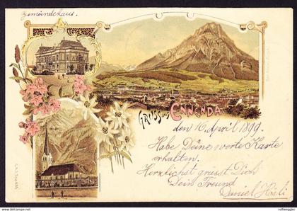 1899 gelaufene Litho AK Gruss aus Ennenda nach Rüti. Rückseitig leichter Abklatsch