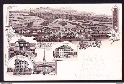 1900 gelaufene Litho AK: Gruss aus Malters, 5 bildrig. Mit Post und Schulhaus. Nach Höngg. Fehlender Eckzahn bei UPU