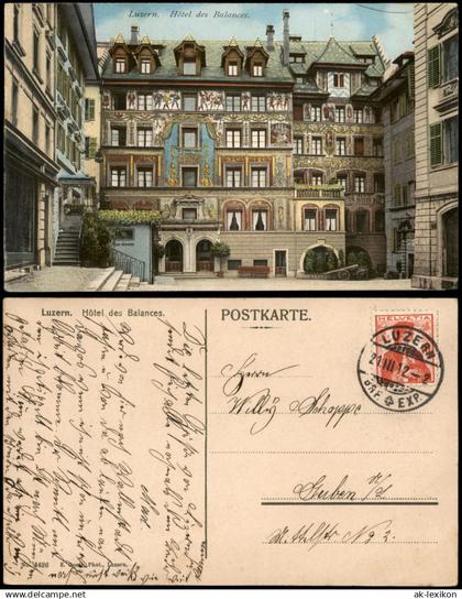 Ansichtskarte Luzern Lucerna Hôtel des Balances 1912