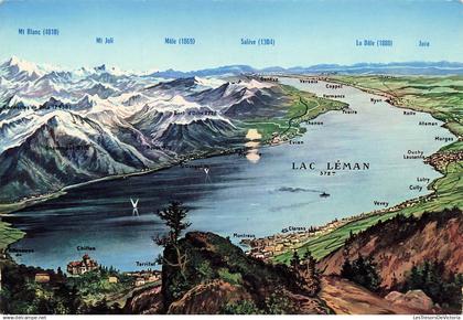 SUISSE - Panorama du Lac Leman - carte géographique - colorisé - Carte Postale