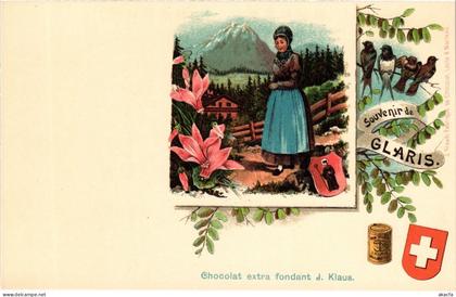 PC SWITZERLAND GLARIS J. KLAUS CACAO ADVERTISING, Vintage Litho Pc (b52453)