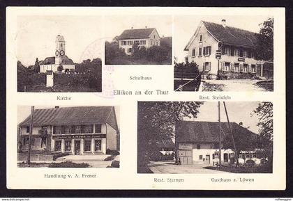 um 1915 gelaufene AK (Marken entfernt) aus Ellikon an der Thur, 5 bildrig mit Gasthaus z. Löwen, Handlung Frener