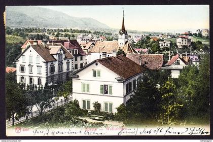 1907 gelaufene AK Zürich-Wollishofen mit alter Kirche nach Filzbach. Marke kleine Eckmängel da über Rand geklebt.