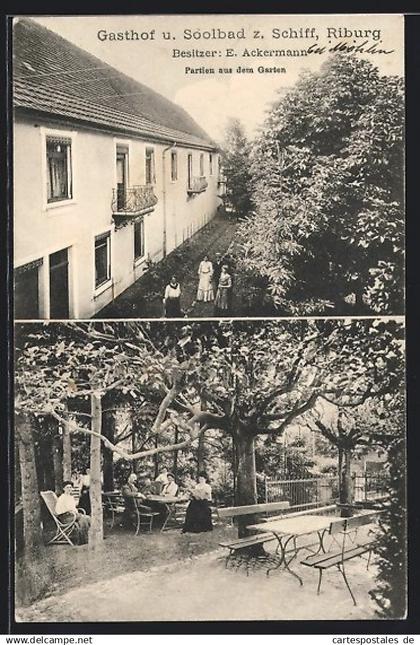 AK Möhlin, Riburg, Gasthof-Soolbad zum Schiff E. Ackermann, Partien aus dem Garten mit Gästen