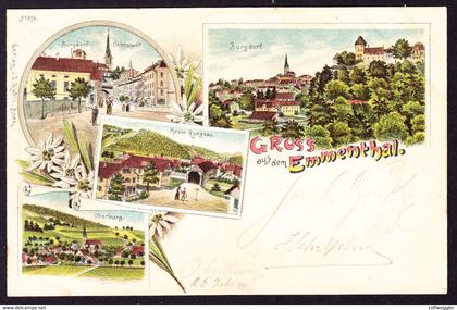 1899 gelaufene Litho  AK: Gruss aus Emmenthal, 4 bildrig. (Burgdorf, Hasle-Rüegsau und Oberburg)