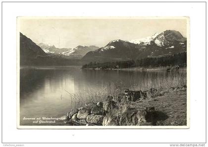 cp, Suisse, Sarnersee mit Wetterhorngruppe und Giswilerstock, voyagée 1934