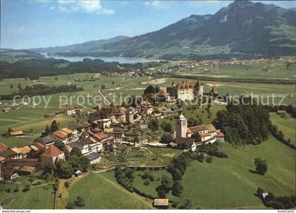 11718728 Gruyeres FR Au fond Broc et lac de la Gruyere Gruyeres