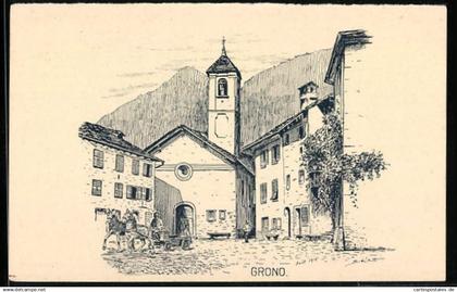 Künstler-AK Grono, Ortspartie mit Kirche