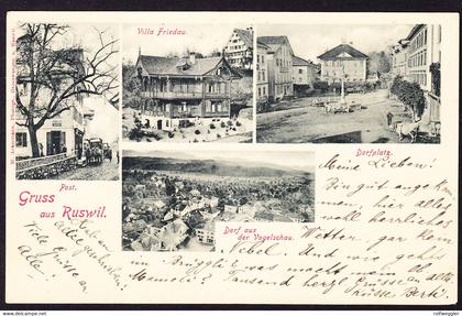 1902 gelaufene AK: Gruss aus Ruswil. 4 bildrig. Villa Friedau, Post, Dorfansicht, Dorf aus der Vogelschau