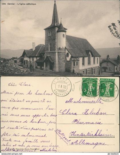 Ansichtskarte Cernier Eglise catholique Katholische Kirche (Eglise) 1910