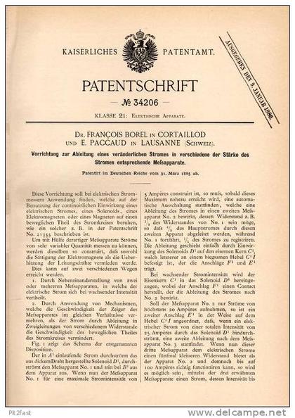 Original Patentschrift - Dr. F. Borel und E. Paccaud in Cortaillod , 1885 , Meßapparat - Strom , Elektrik , Lausanne !!!