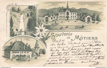 SUISSE - Môtiers - Souvenir de Môtiers - Cascade - Eglise - Place - Griffe Môtiers - Carte postale ancienne