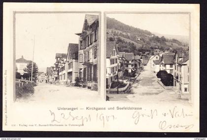 1901 gelaufene AK, Unterägeri, Kirchgasse und Seefeldstrasse. Rücksseitig minim fleckig.