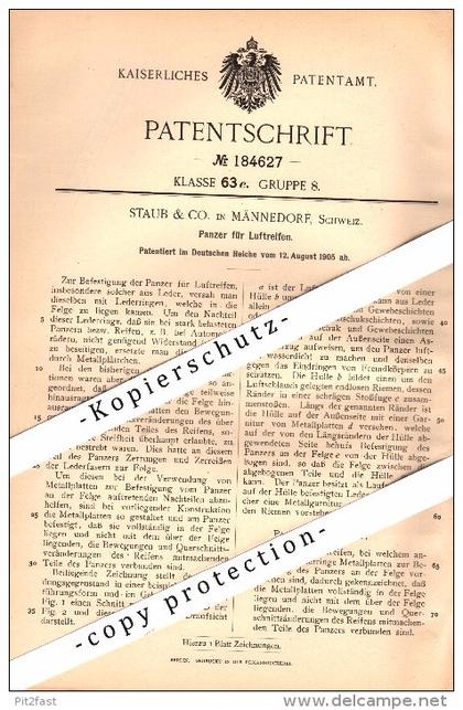 Original Patent - Staub & Co. in Männedorf , Schweiz , 1905 , Panzer für Luftreifen , Reifen !!!