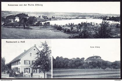 1909 gelaufene 3 bildrige AK Katzensee von der Ruine Altburg mit Restaurant J. Hess. Gestempelt Regensdorf