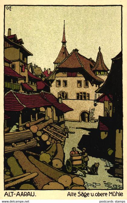 Aarau, Alt-Aarau, Alte Säge u. obere Mühle, Steindruck AK, um 1920