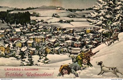 Langnau im Emmental, Weihnachts-AK, Kinder mit Schlitten und Hund, Blick auf Langnau, 1908