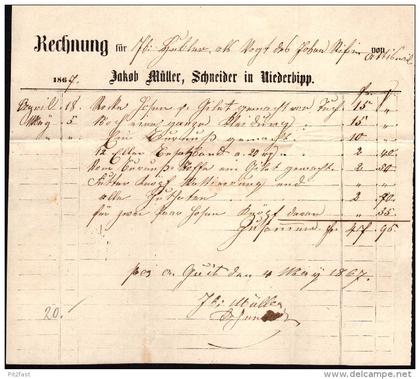 alte Rechnung , Jakob Müller in Niederbipp  1867 , Schneider !!!