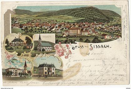 Gruss aus Sissach Litho Bank  Kirche Schloss Edit Fehlmann Basel