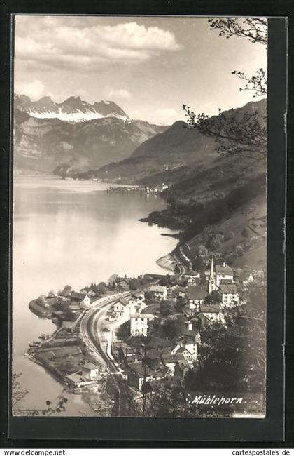 AK Mühlehorn, Ortsansicht am Wasser mit Bergen in der Ferne