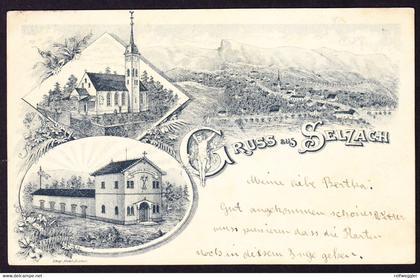 1898 mit Bahnpost gelaufene AK, Gruss aus Selzach. 3 bildrige Litho. Mit Passionsspiel Haus. Minim fleckig