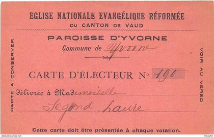 SUISSE  -  YVORNE  -  Carte d'Electeur de l'Eglise Evangélique Réformée   -  Voir description